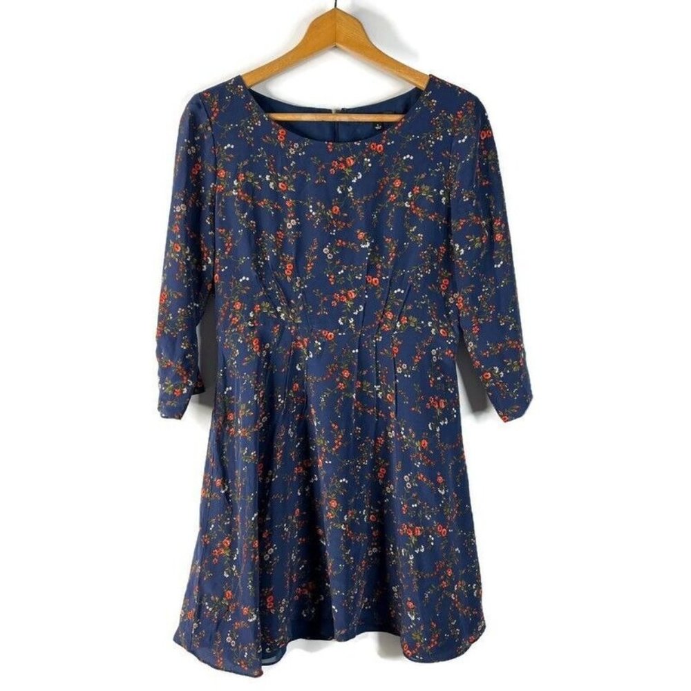 Madewell Womens Navy Mini Fit & Flare Shift Dress Pleated Floral 3/4 Sleeves 6